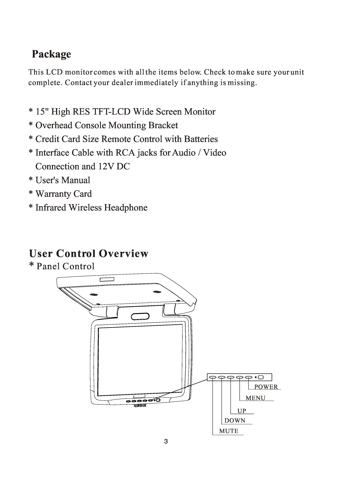 PYLE Audio PLVW1550IR manual Package, User Control Overview 