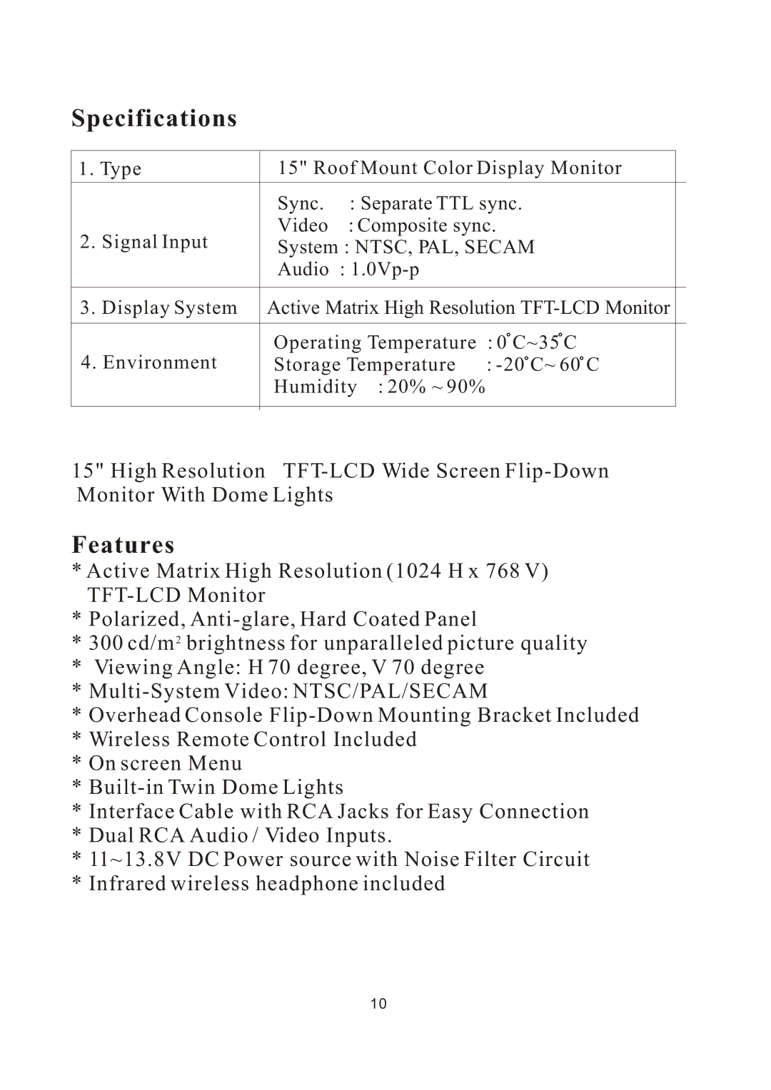 PYLE Audio PLVW1550IR manual Specifications, Features 