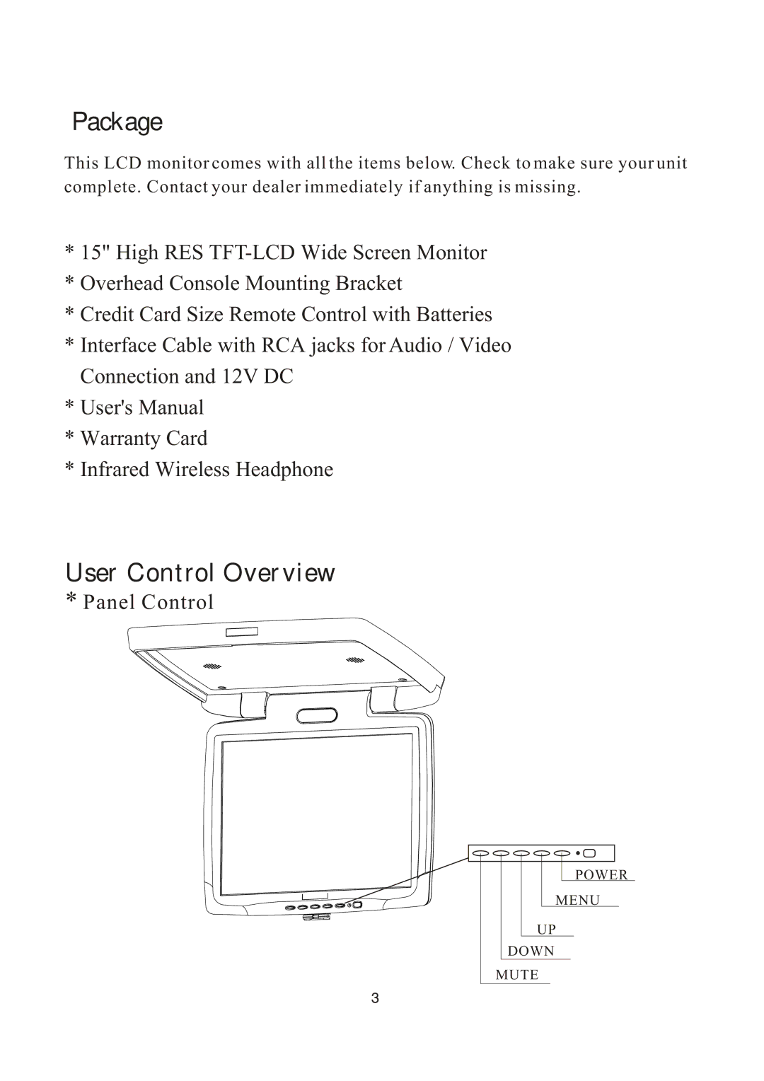 PYLE Audio PLVW1550IR manual Package, User Control Overview 