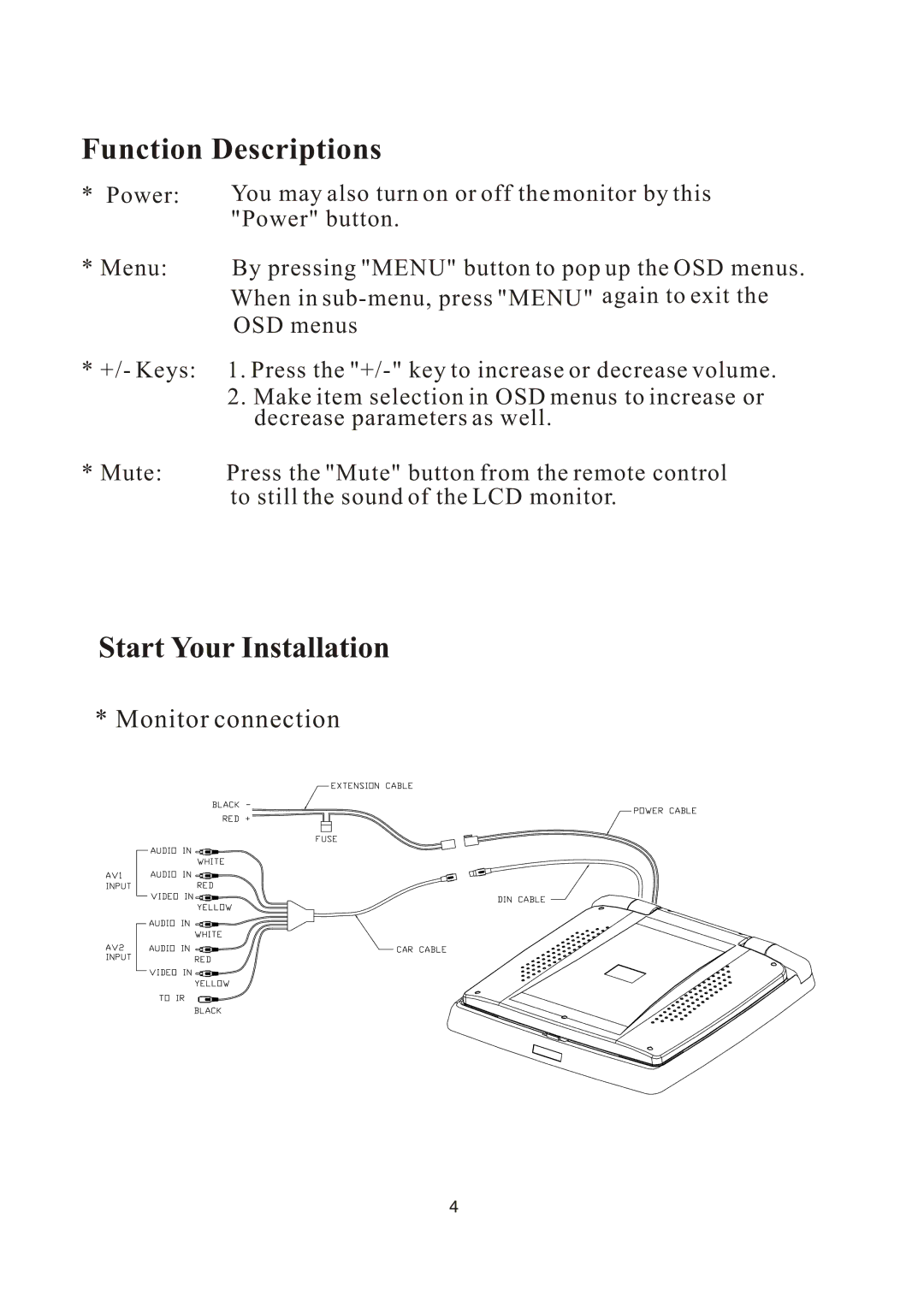 PYLE Audio PLVW1550IR manual Function Descriptions, Start Your Installation 