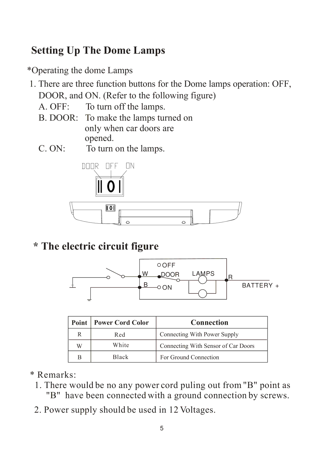 PYLE Audio PLVW1550IR manual Setting Up The Dome Lamps, Electric circuit figure 