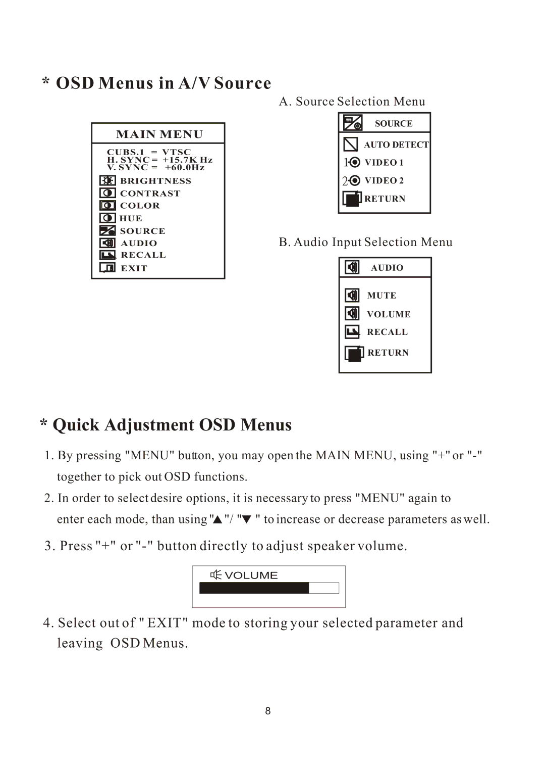 PYLE Audio PLVW1550IR manual OSD Menus in A/V Source, Quick Adjustment OSD Menus 