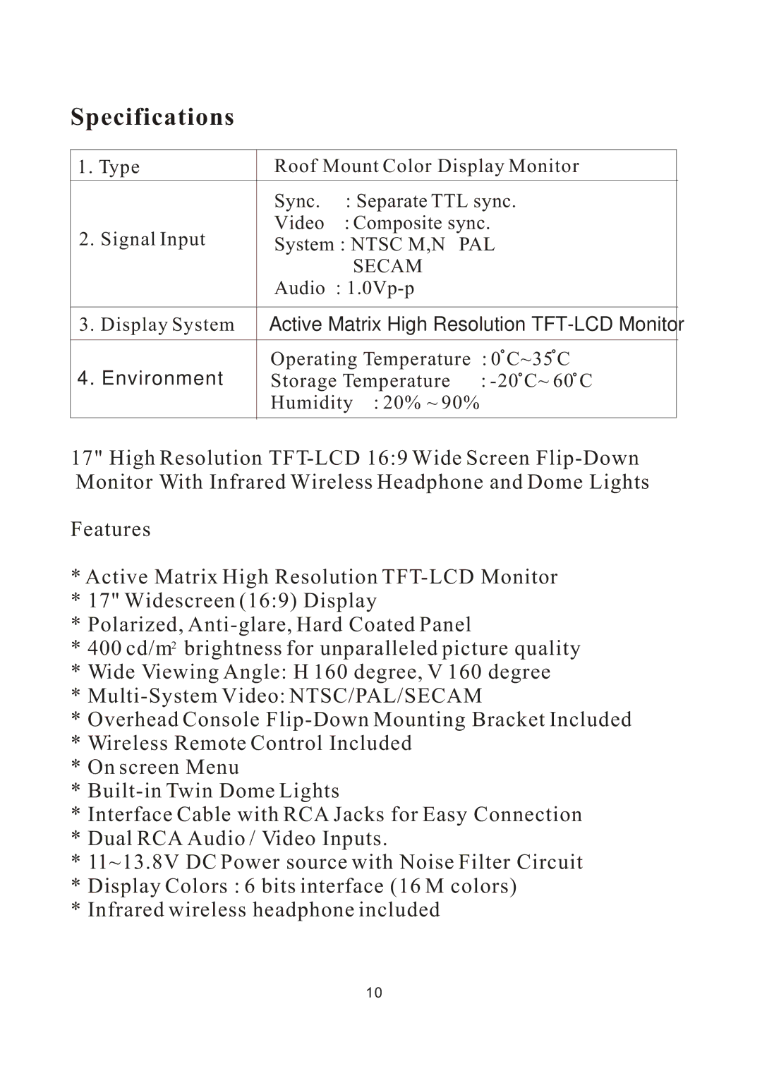 PYLE Audio PLVW1770IR manual Specifications 