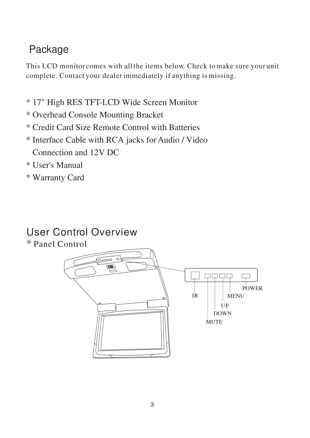 PYLE Audio PLVW1770IR manual Package, User Control Overview 