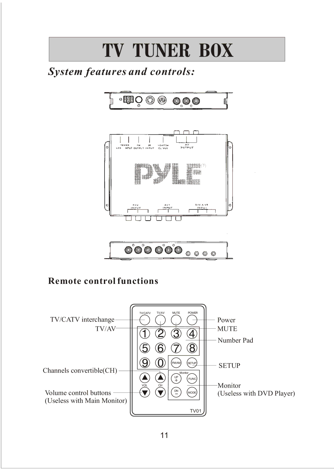 PYLE Audio PLVW20T manual TV Tuner BOX 