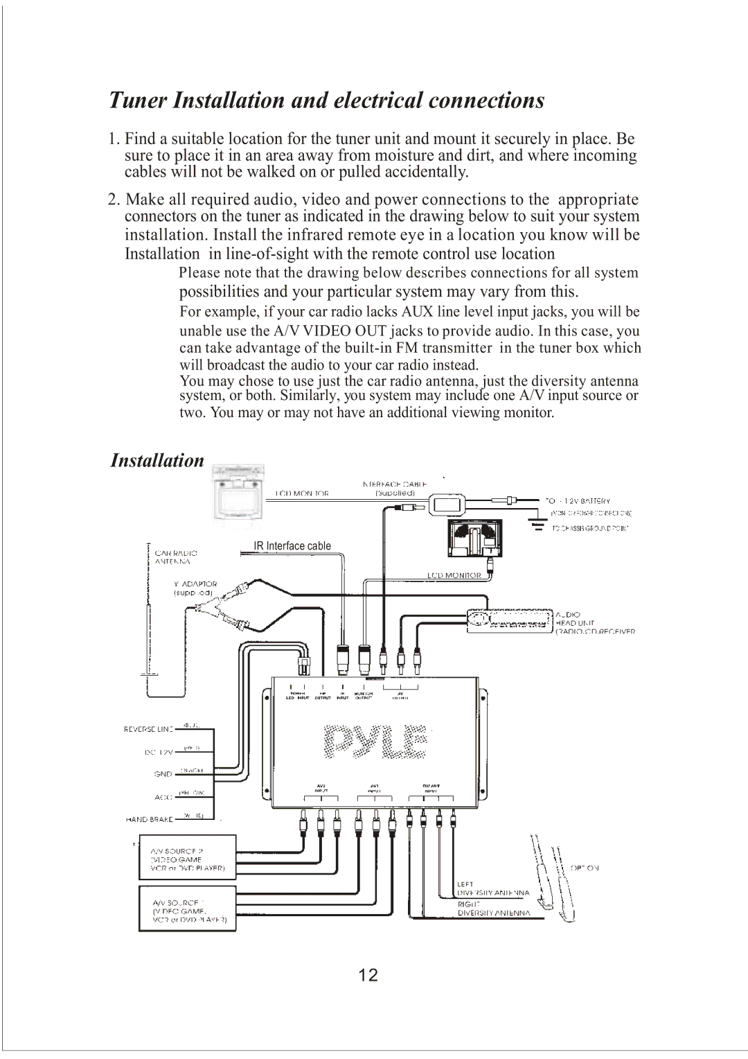 PYLE Audio PLVW20T manual Tuner Installation and electrical connections 