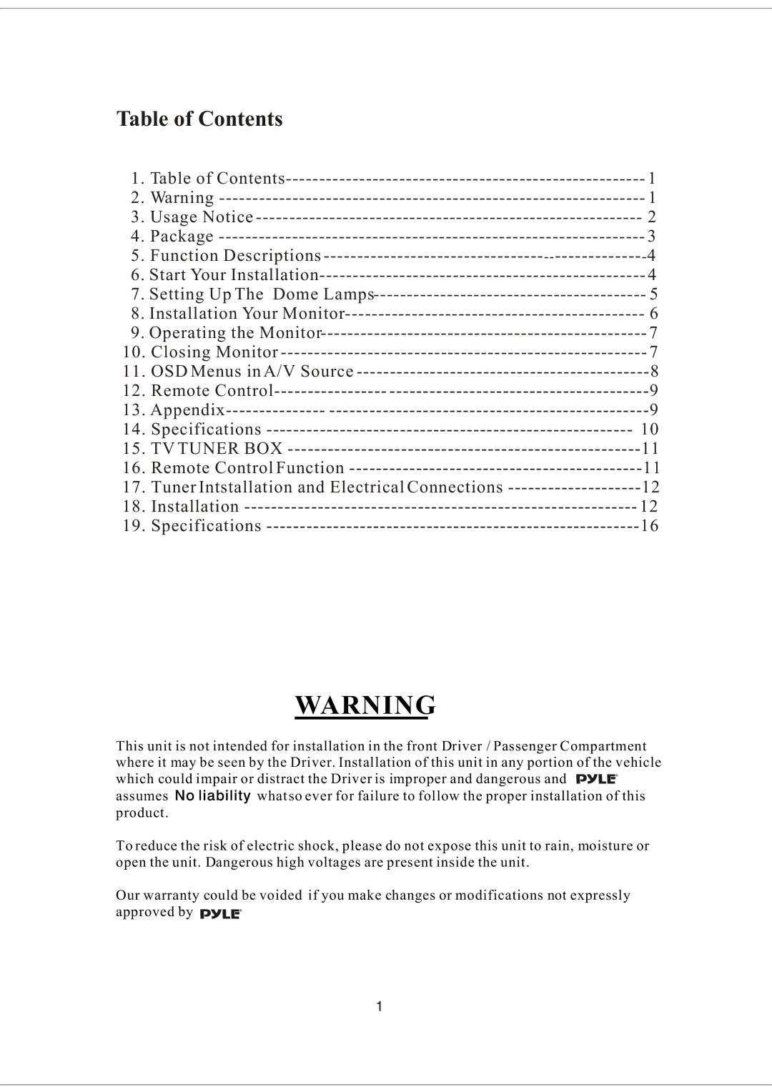 PYLE Audio PLVW20T manual Table of Contents 