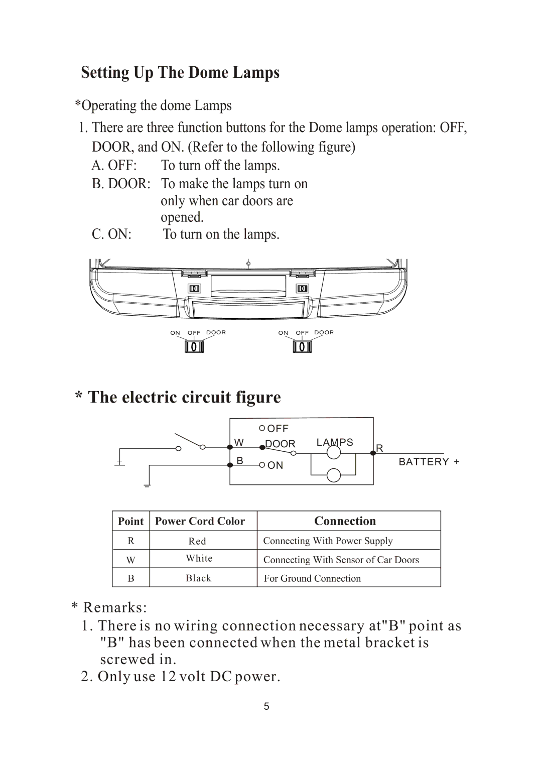 PYLE Audio PLVW20T manual Setting Up The Dome Lamps, Electric circuit figure 