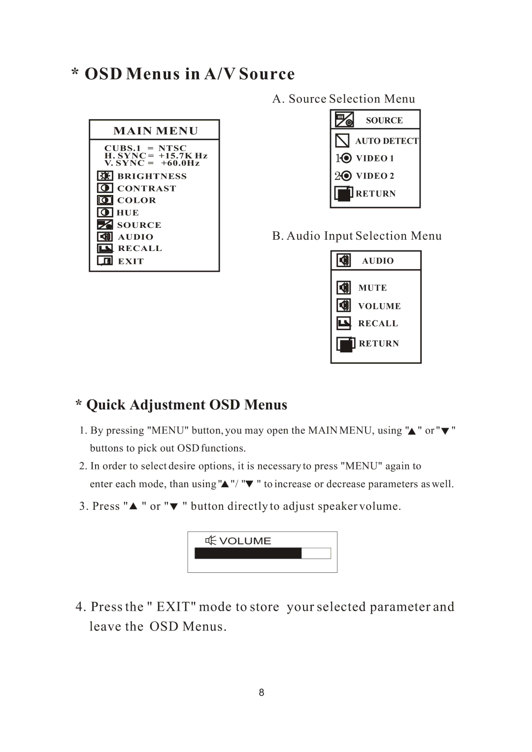 PYLE Audio PLVW20T manual OSD Menus in A/V Source, Main Menu 