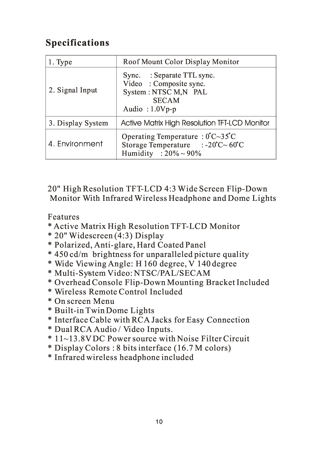 PYLE Audio PLVW20T manual Specifications 
