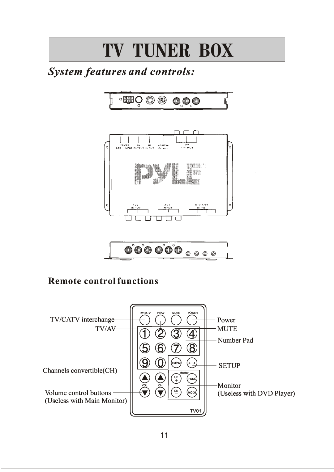 PYLE Audio PLVW20T manual System features and controls, Remote control functions, Tv Tuner Box 