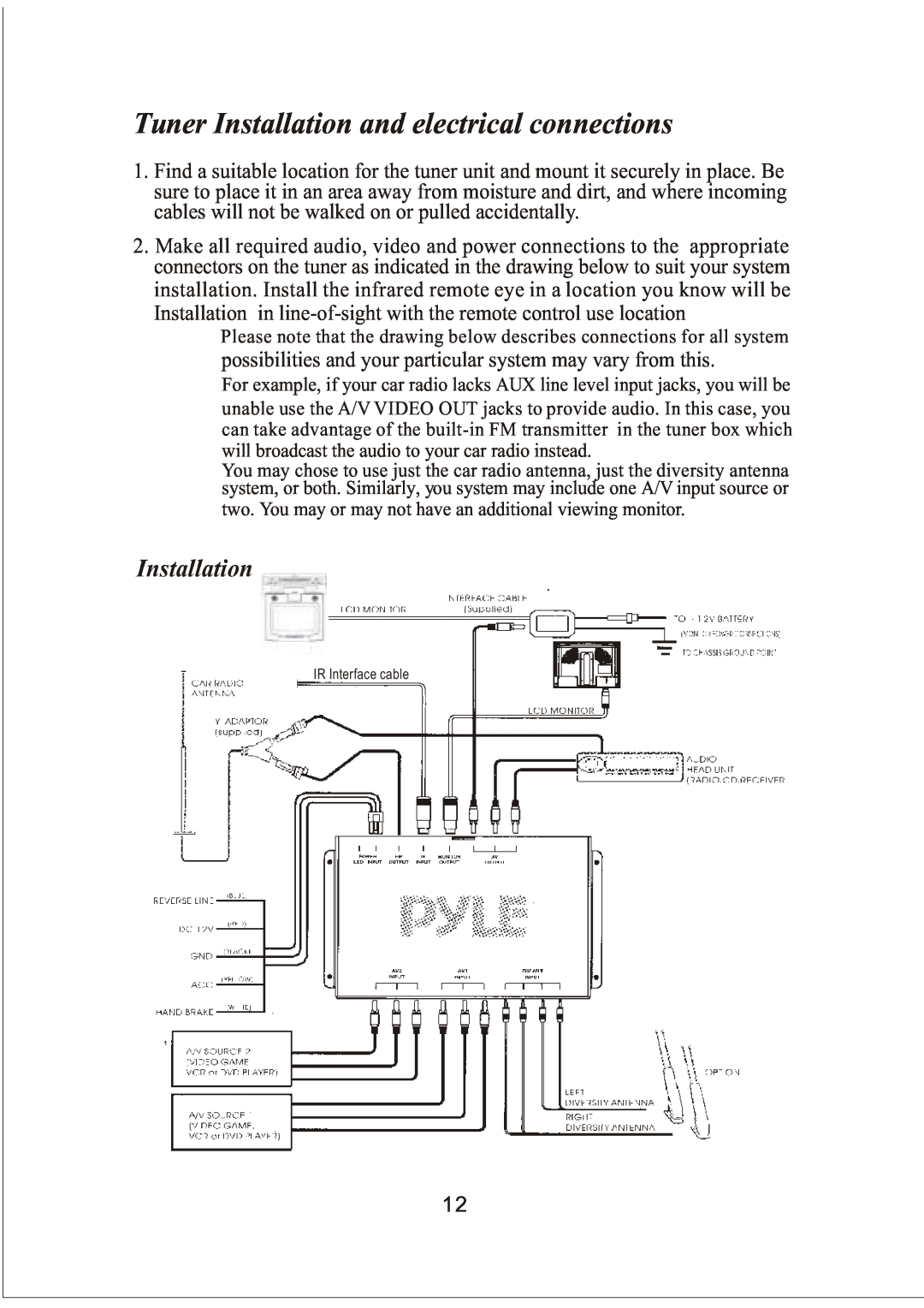 PYLE Audio PLVW20T manual Tuner Installation and electrical connections 
