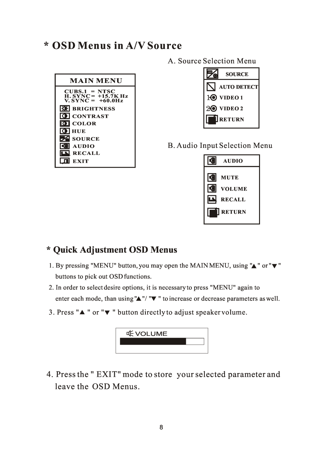 PYLE Audio PLVW20T manual OSD Menus in A/V Source, Quick Adjustment OSD Menus, Main Menu 