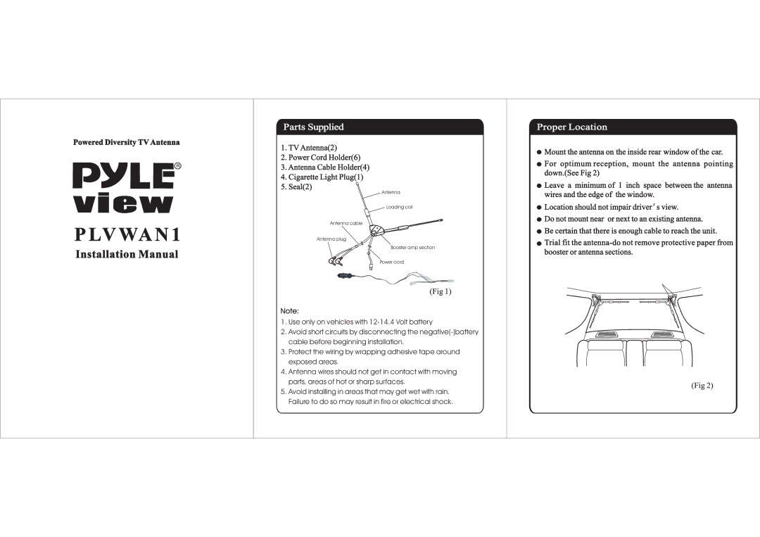 PYLE Audio PLVWAN1 installation manual Lv Wa N, Installation Manual, Parts Supplied, Proper Location 