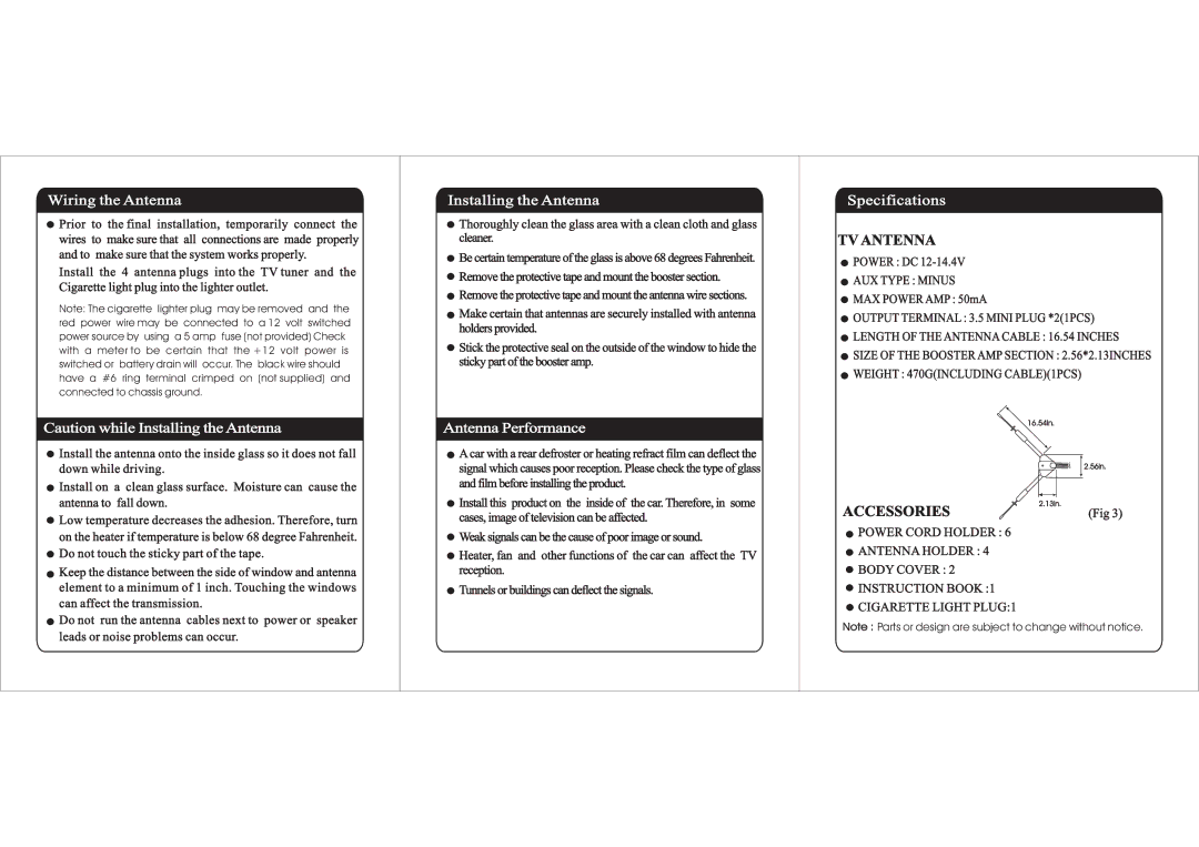 PYLE Audio PLVWAN1 installation manual Wiring the Antenna, Installing the Antenna, Antenna Performance, Specifications 