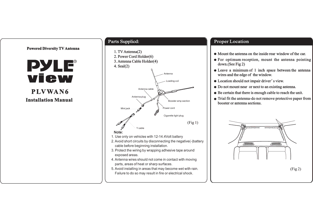 PYLE Audio PLVWAN6 installation manual Lv Wa N, Parts Supplicd, Proper Location, Location should not impair driver s view 