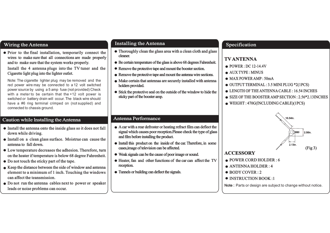 PYLE Audio PLVWAN6 installation manual Wiring the Antenna, Installing the Antenna, Specification, Antenna Performance 