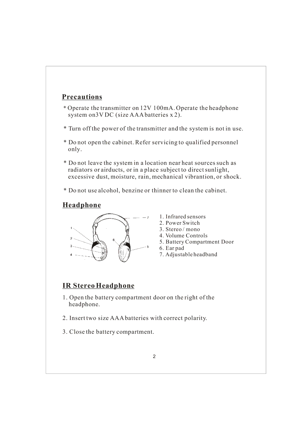 PYLE Audio PLVWH1 manual Precautions, IR Stereo Headphone 