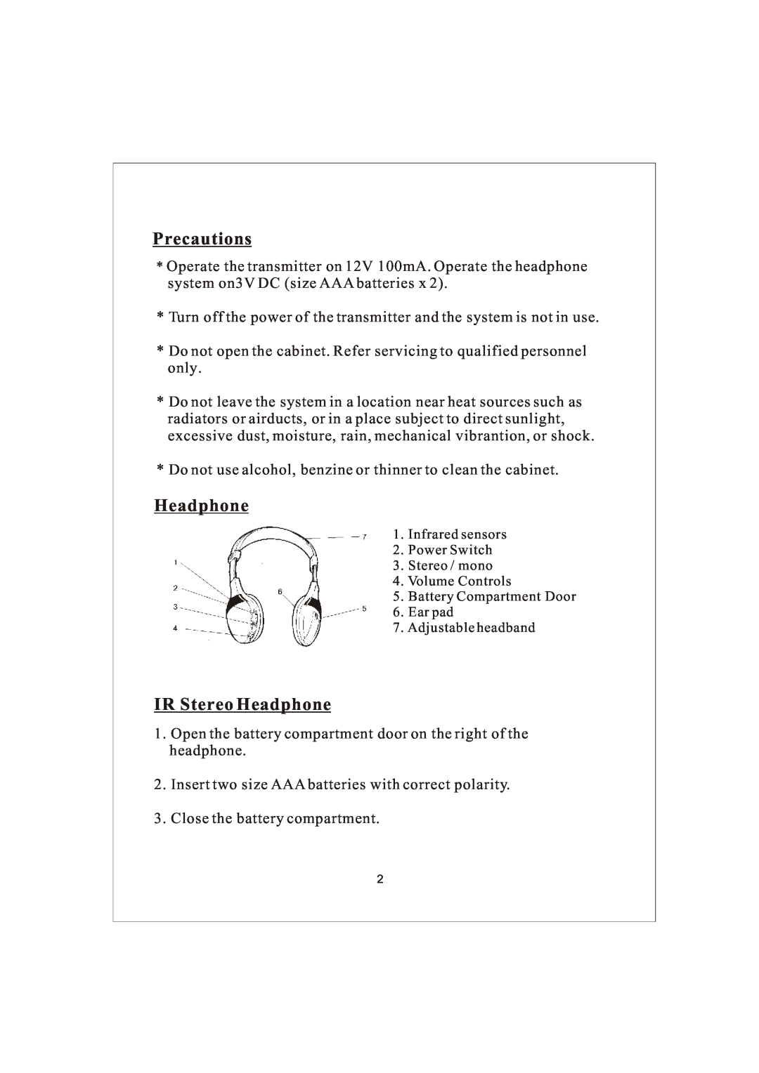 PYLE Audio PLVWH1 manual Precautions, IR Stereo Headphone 