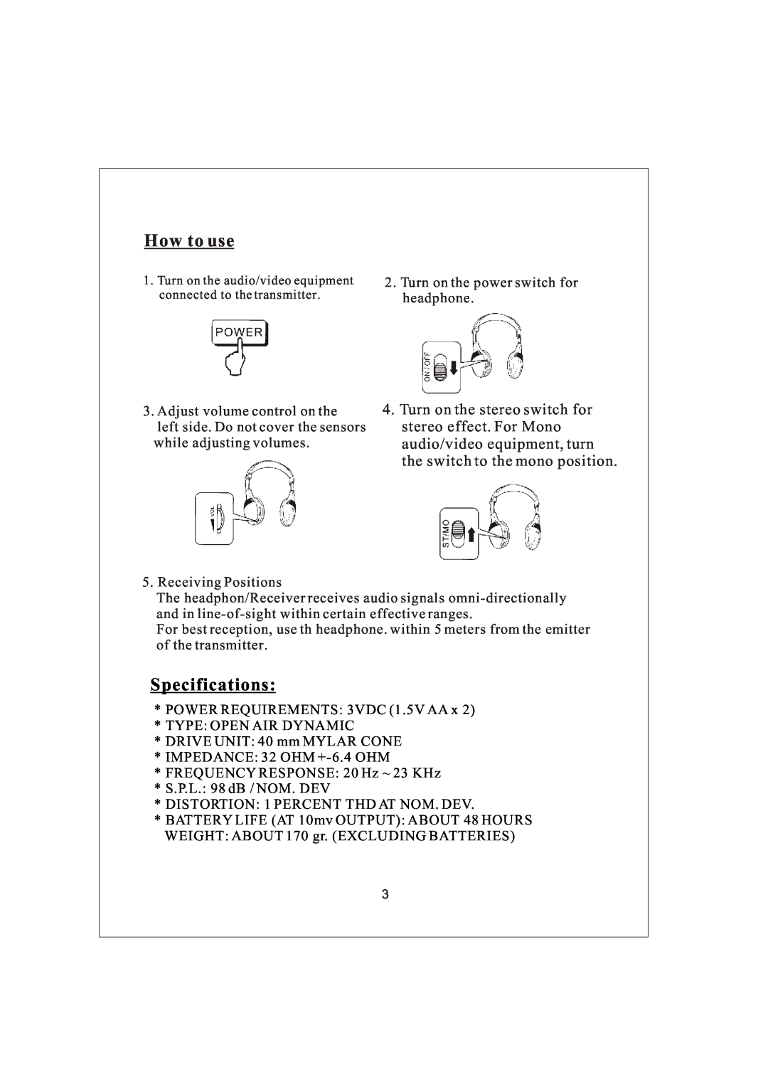 PYLE Audio PLVWH1 manual How to use, Specifications 