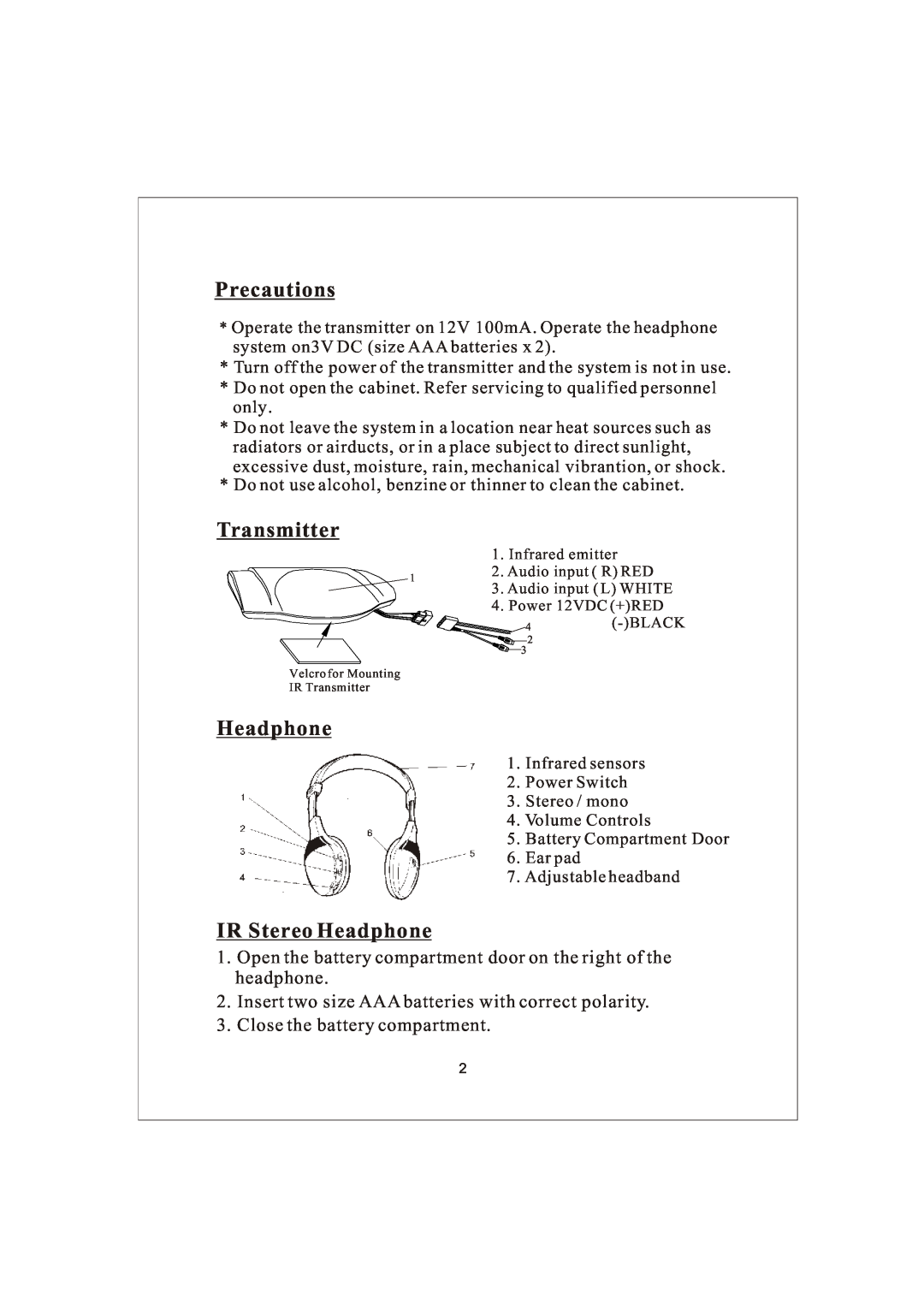 PYLE Audio PLVWH2 manual Precautions, Transmitter, IR Stereo Headphone 