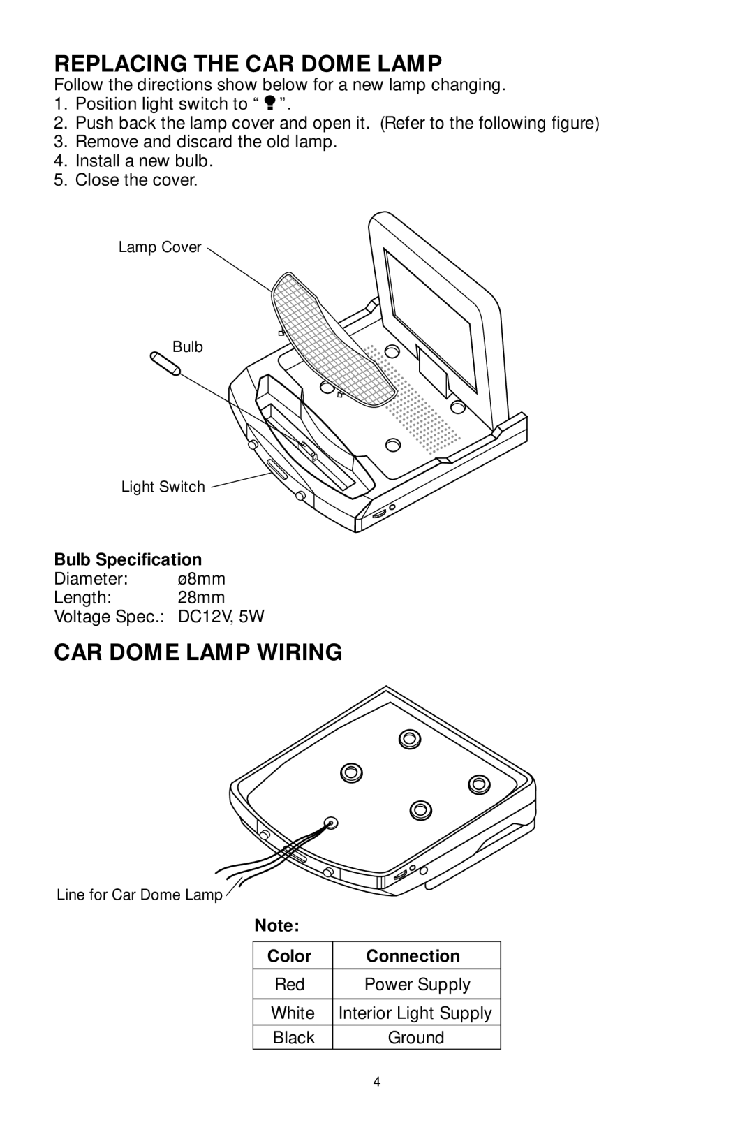 PYLE Audio PLVWR5600 owner manual Replacing the CAR Dome Lamp, CAR Dome Lamp Wiring, Bulb Specification, Color Connection 