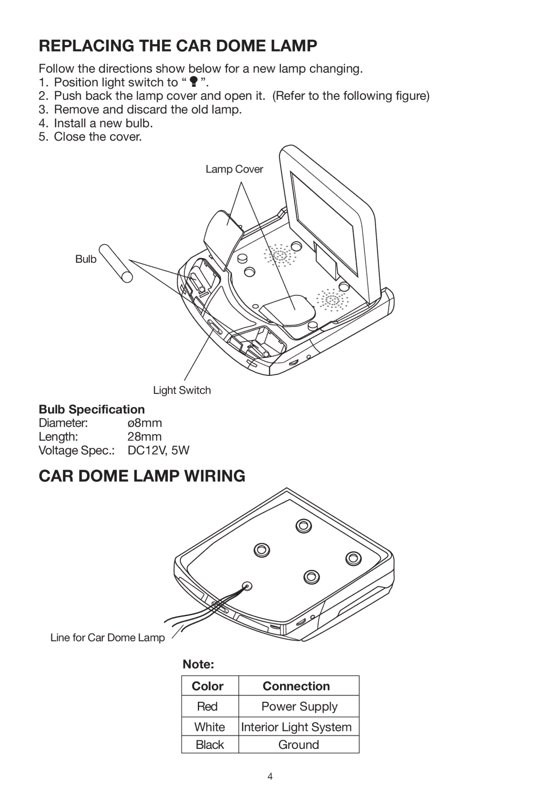 PYLE Audio PLVWR70IR owner manual Replacing the CAR Dome Lamp, CAR Dome Lamp Wiring, Bulb Specification, Color Connection 