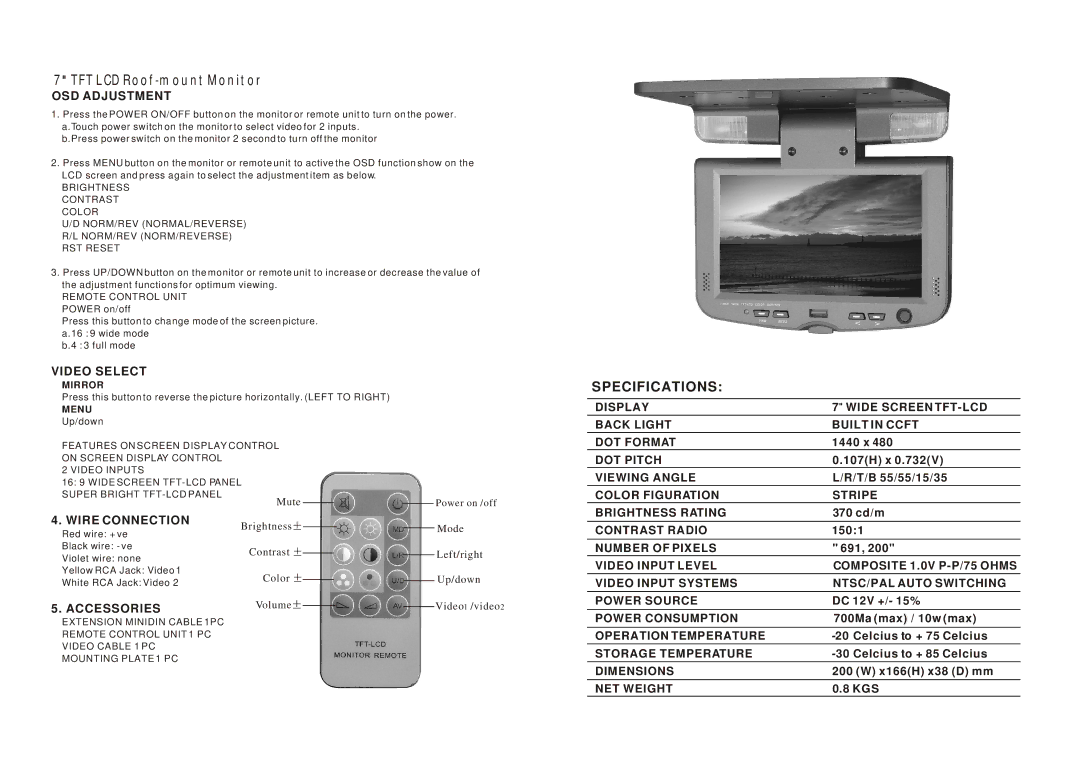 PYLE Audio PLVWR71IR owner manual TFT LCD Roof-mount Monitor, Specifications 