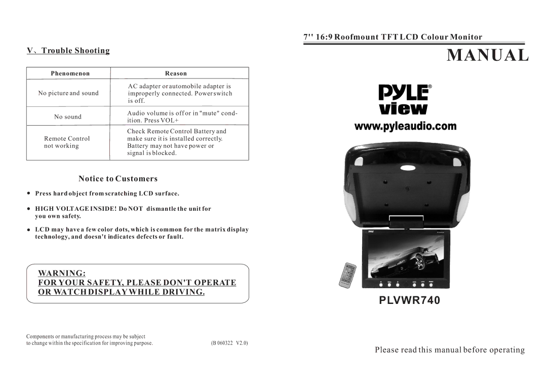 PYLE Audio PLVWR740 manual Manual, Trouble Shooting, Roofmount TFT LCD Colour Monitor, Phenomenon Reason 