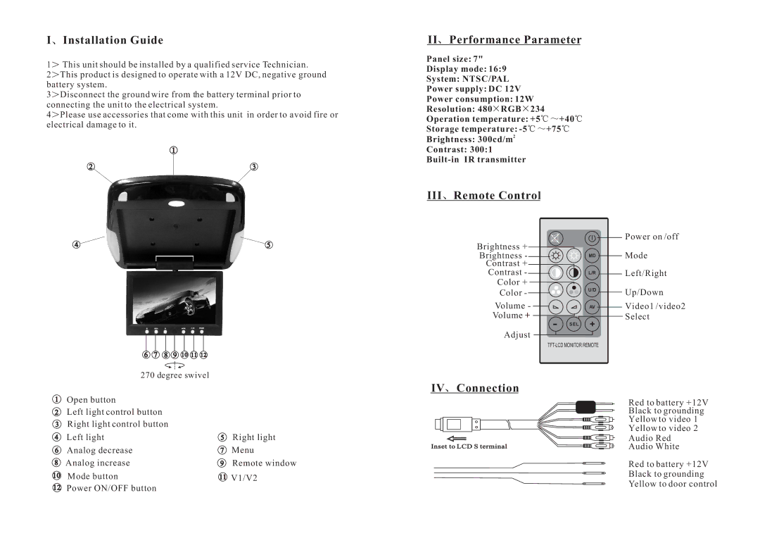 PYLE Audio PLVWR740 manual Installation Guide, II Performance Parameter, III Remote Control, IV Connection 