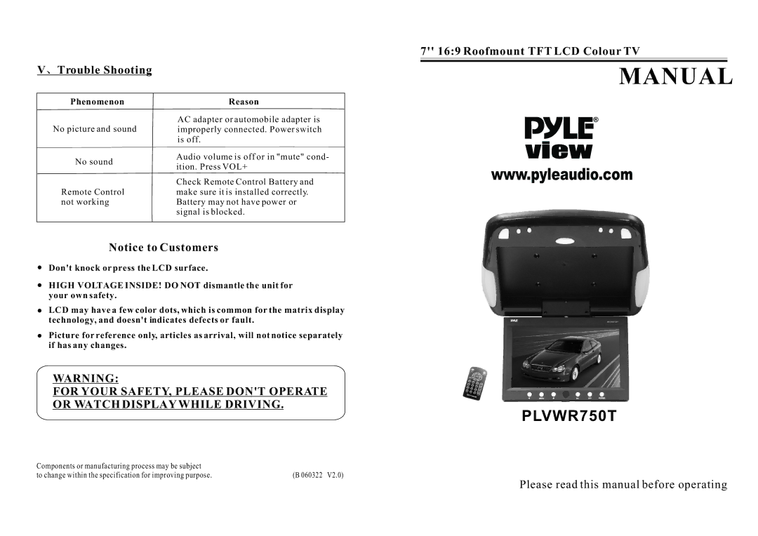 PYLE Audio PLVWR750T manual Trouble Shooting, Roofmount TFT LCD Colour TV, Phenomenon Reason 