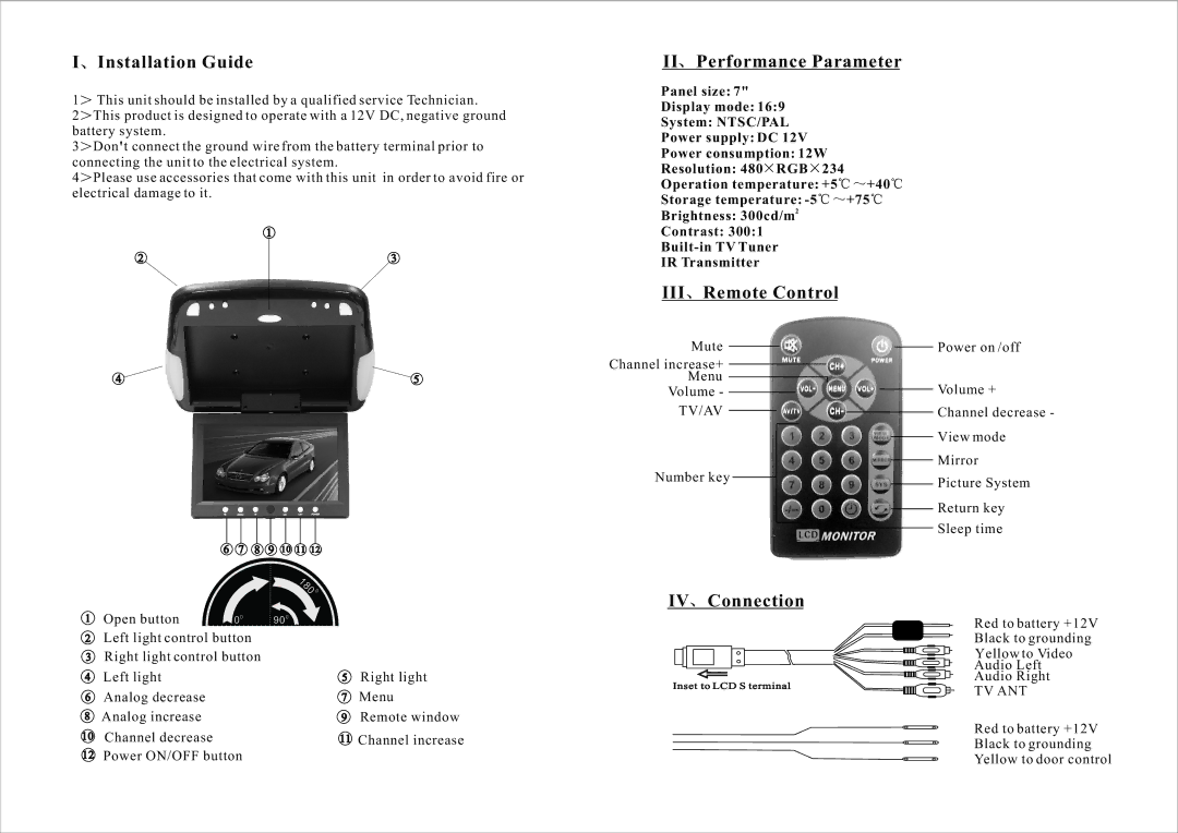 PYLE Audio PLVWR750T manual Installation Guide, Performance Parameter, Remote Control, IV Connection 