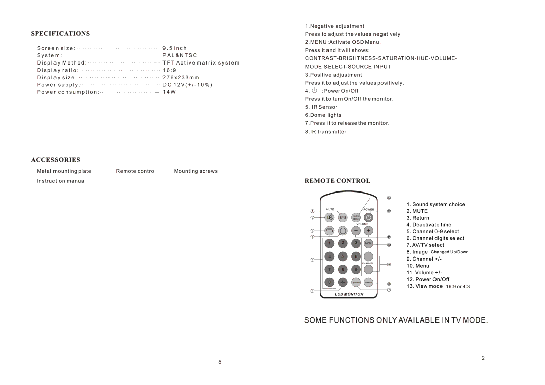 PYLE Audio PLVWR950T manual Contrast-Brightness-Saturation-Hue-Volume 