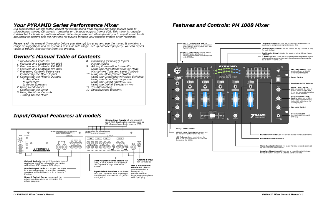 PYLE Audio owner manual Your Pyramid Series Performance Mixer, Features and Controls PM 1008 Mixer 