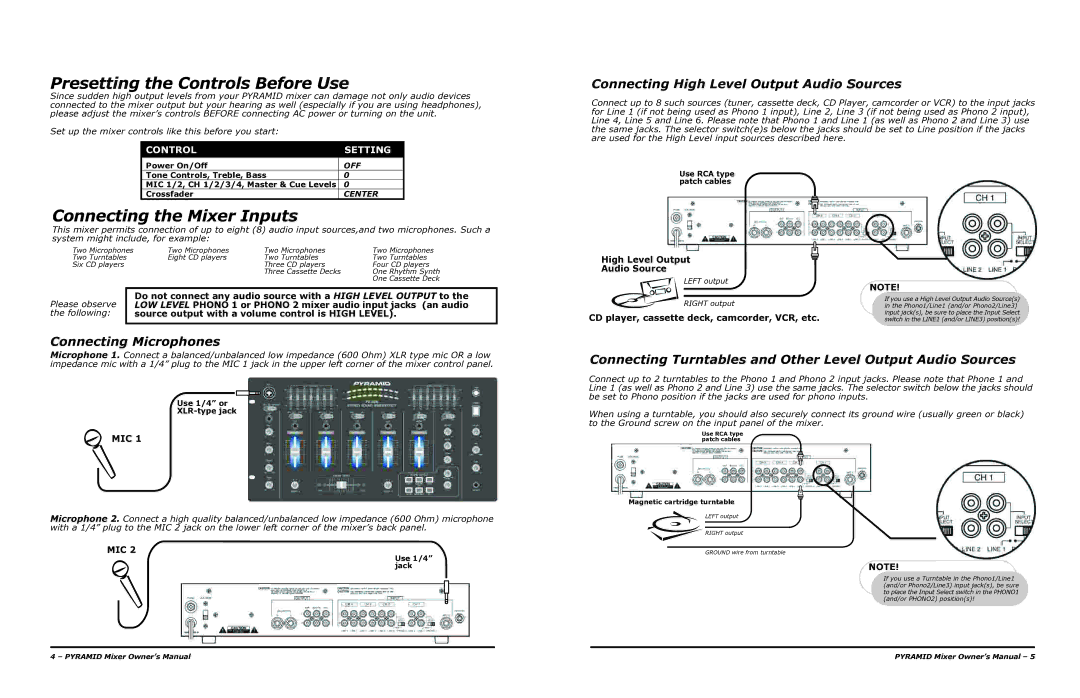 PYLE Audio PM 1008 owner manual Presetting the Controls Before Use, Connecting the Mixer Inputs, Connecting Microphones 