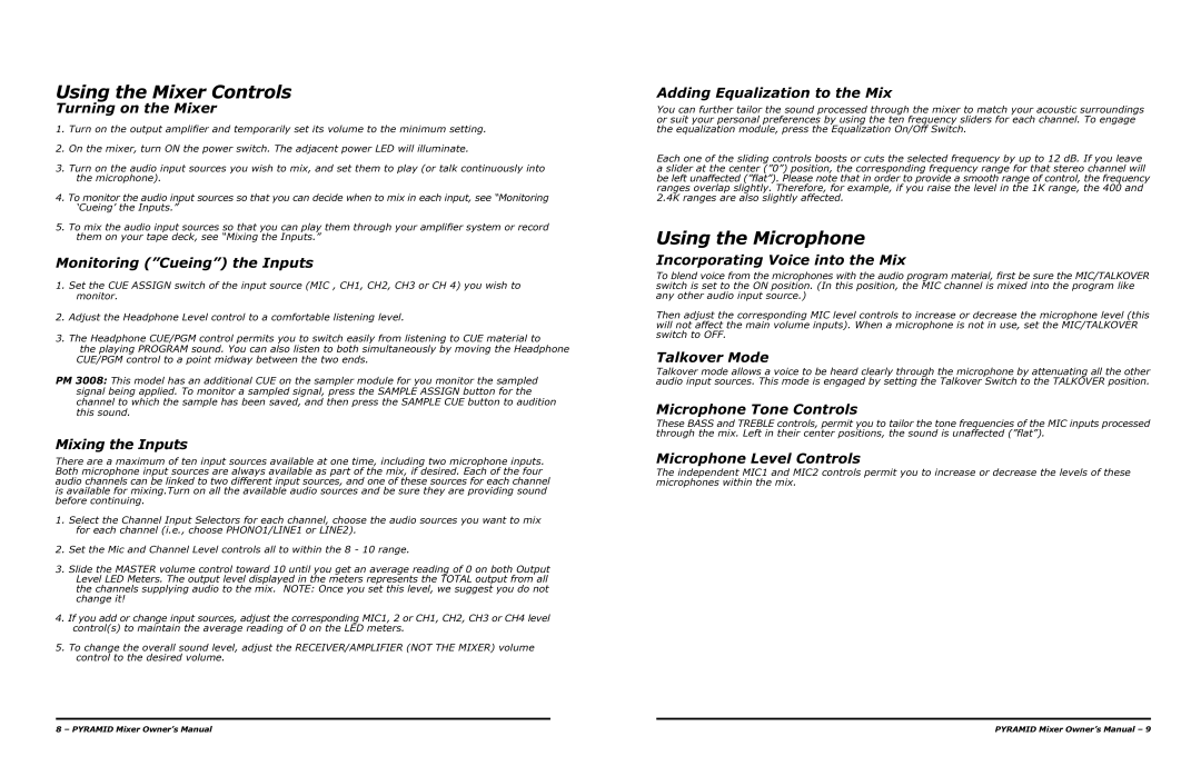 PYLE Audio PM 1008 owner manual Using the Mixer Controls, Using the Microphone 