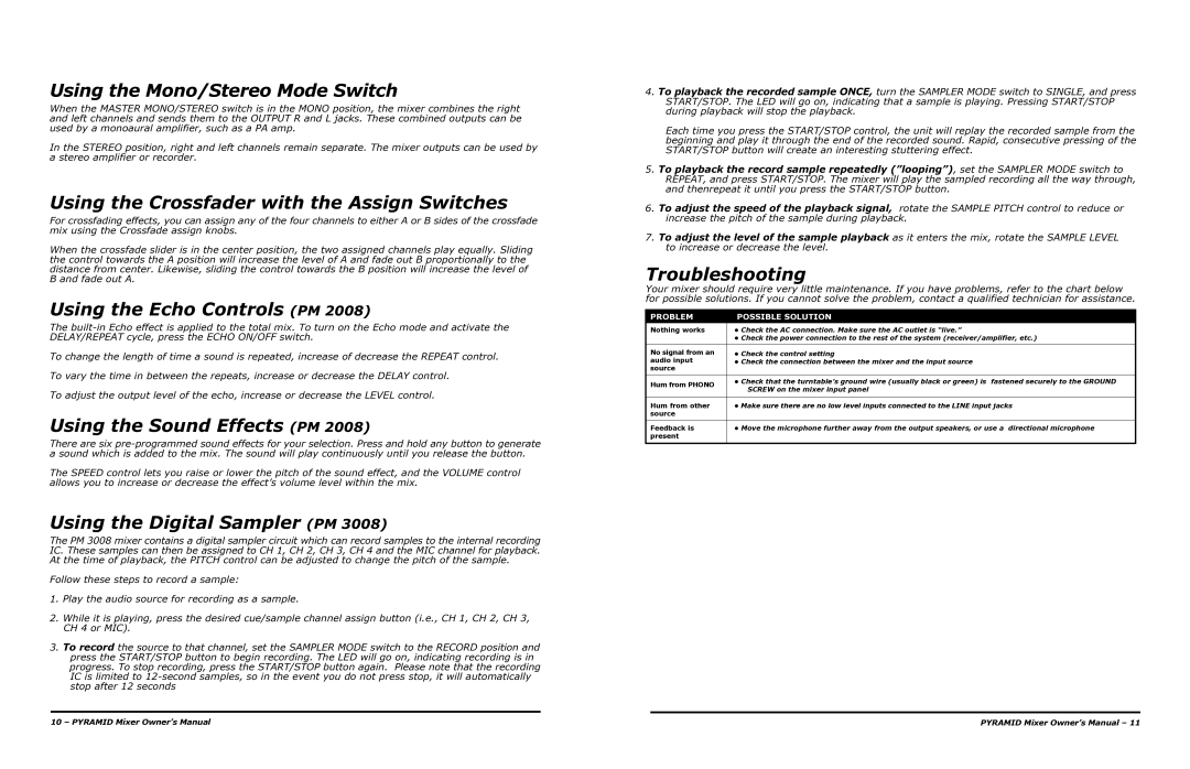 PYLE Audio PM 1008 Using the Mono/Stereo Mode Switch, Using the Crossfader with the Assign Switches, Troubleshooting 