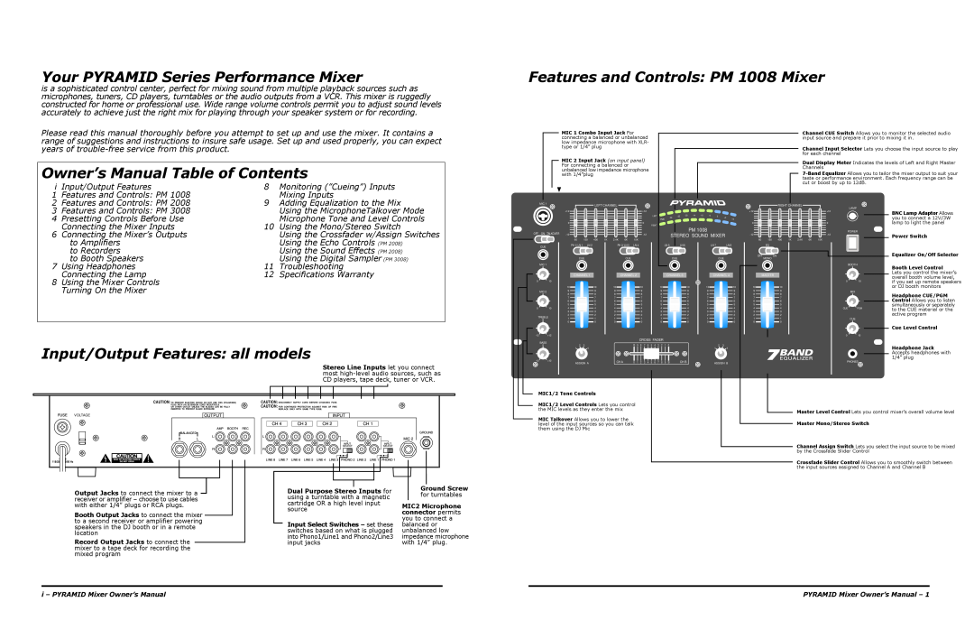 PYLE Audio owner manual Your PYRAMID Series Performance Mixer, Features and Controls PM 1008 Mixer 