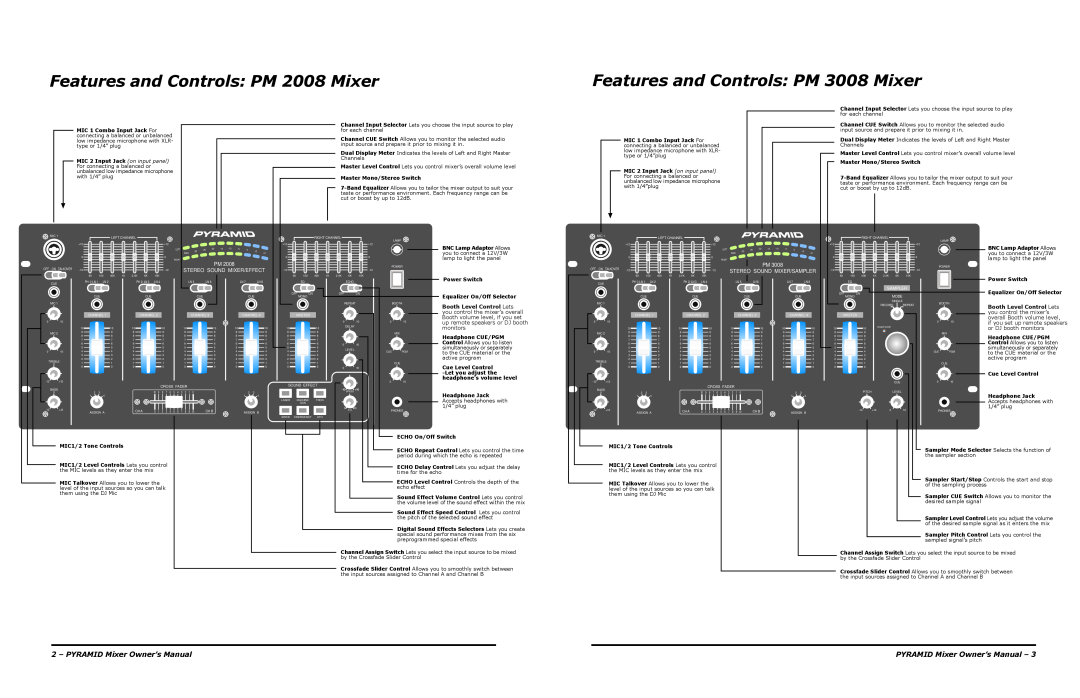 PYLE Audio PM 1008 Features and Controls PM 2008 Mixer, Features and Controls PM 3008 Mixer, Pm Stereo Sound Mixer/Effect 
