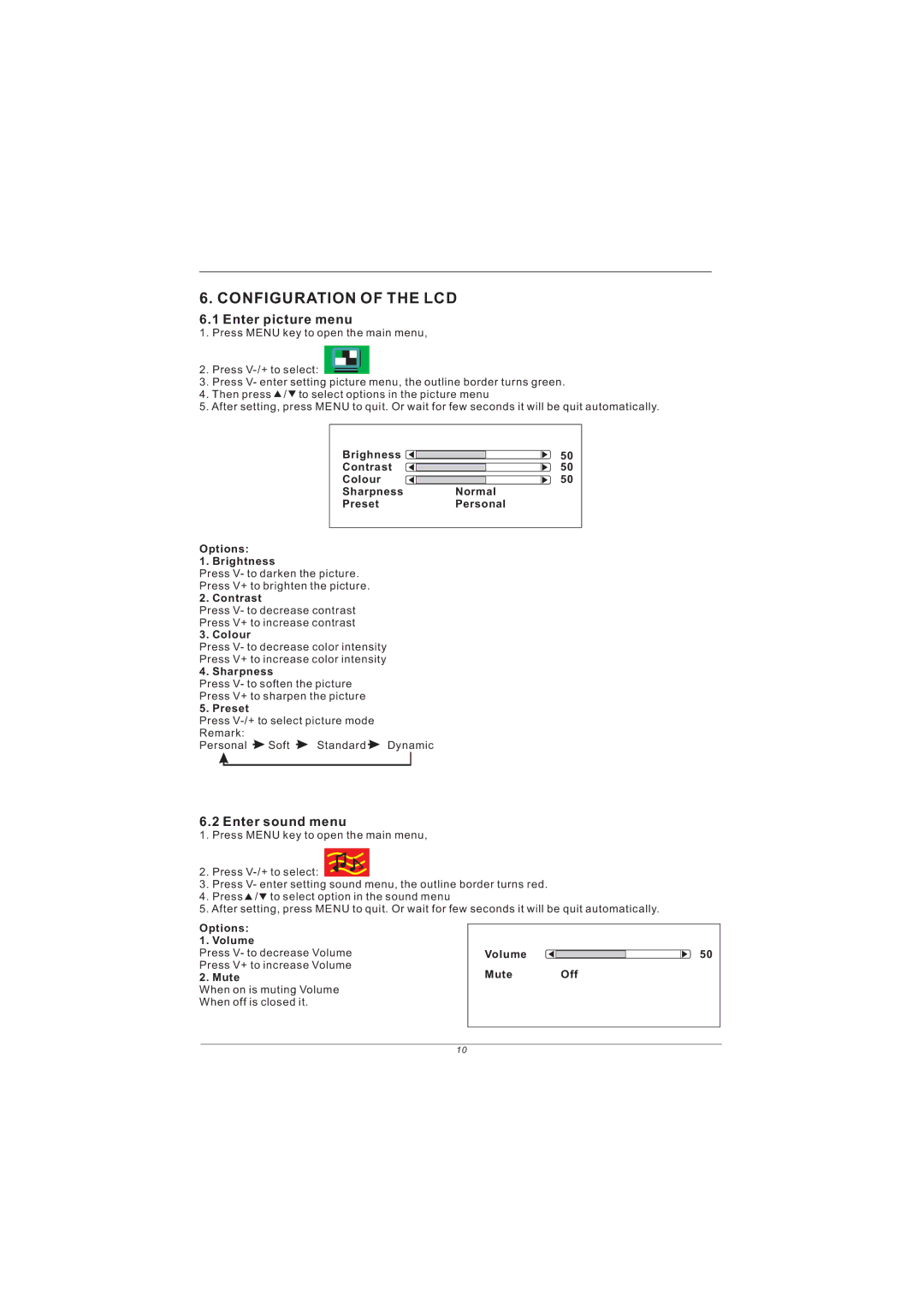 PYLE Audio PM15LCD manual Configuration of the LCD, Enter picture menu, Enter sound menu 