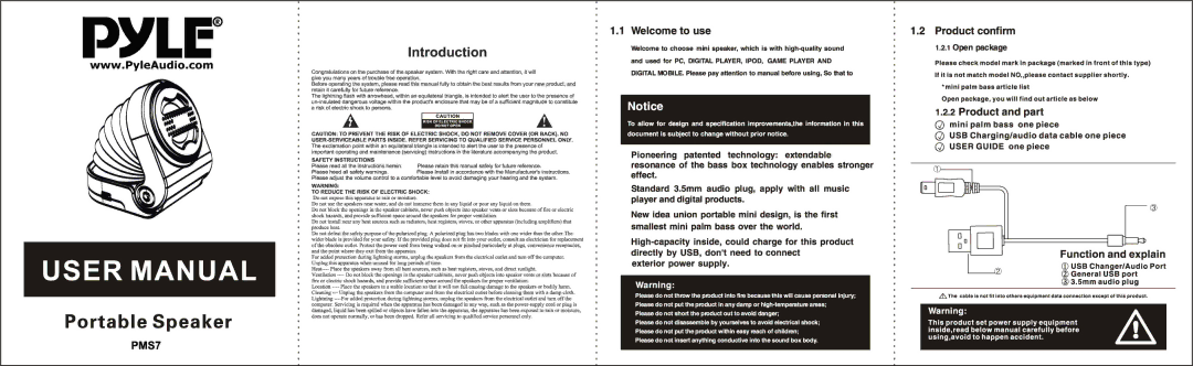 PYLE Audio PM57 user manual Welcome to use, Product confirm, Product and part, Function and explain 