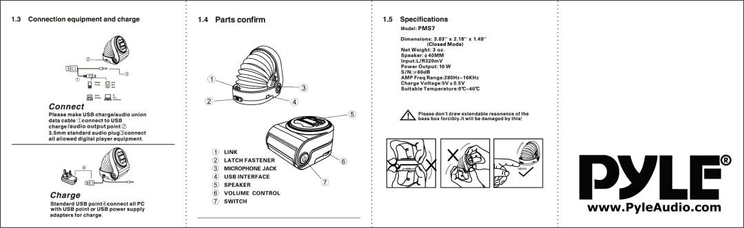 PYLE Audio PM57 user manual Charge, Connection equipment and charge, Specifications 