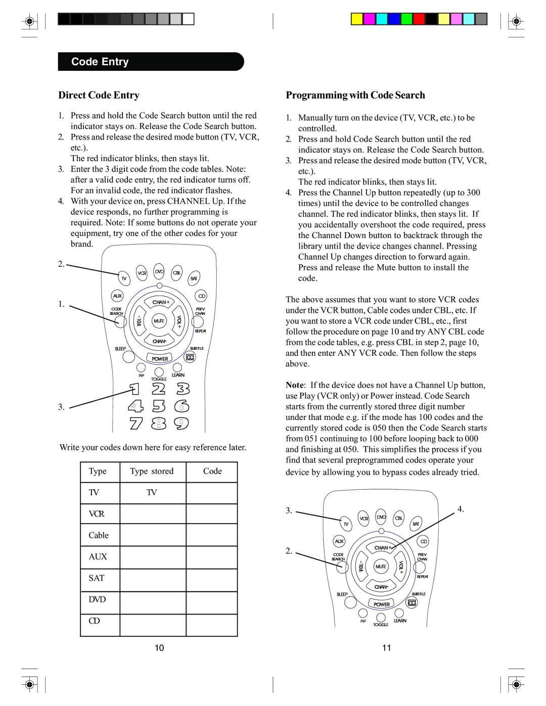 PYLE Audio PM725 manual Direct Code Entry, Programming with Code Search 