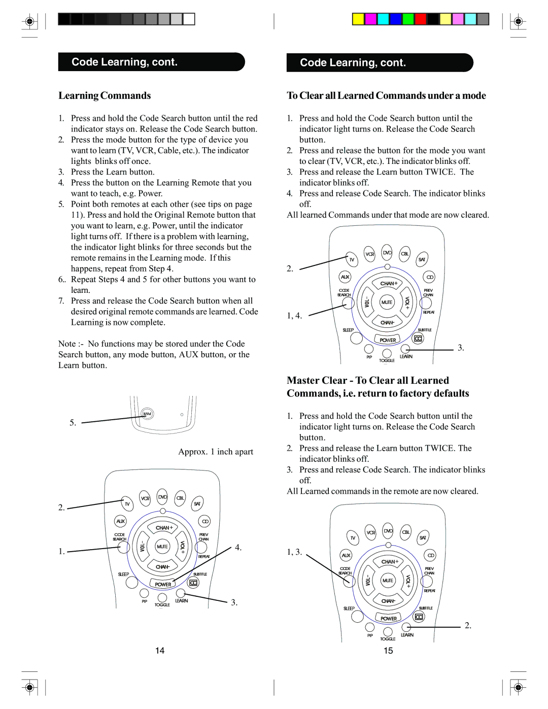 PYLE Audio PM725 manual Code Learning, Learning Commands, To Clear all Learned Commands under a mode 