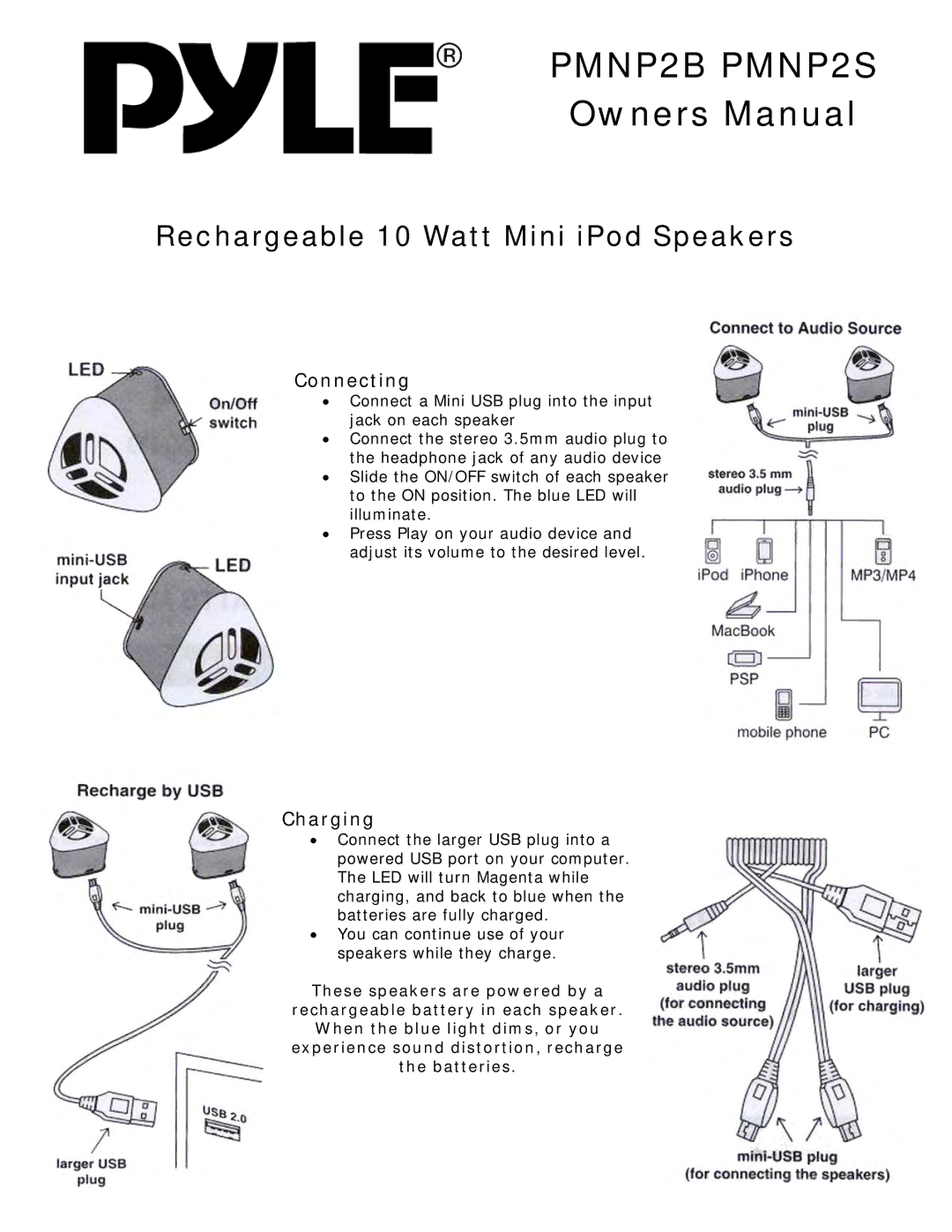 PYLE Audio owner manual PMNP2B PMNP2S, Rechargeable 10 Watt Mini iPod Speakers, Connecting, Charging 