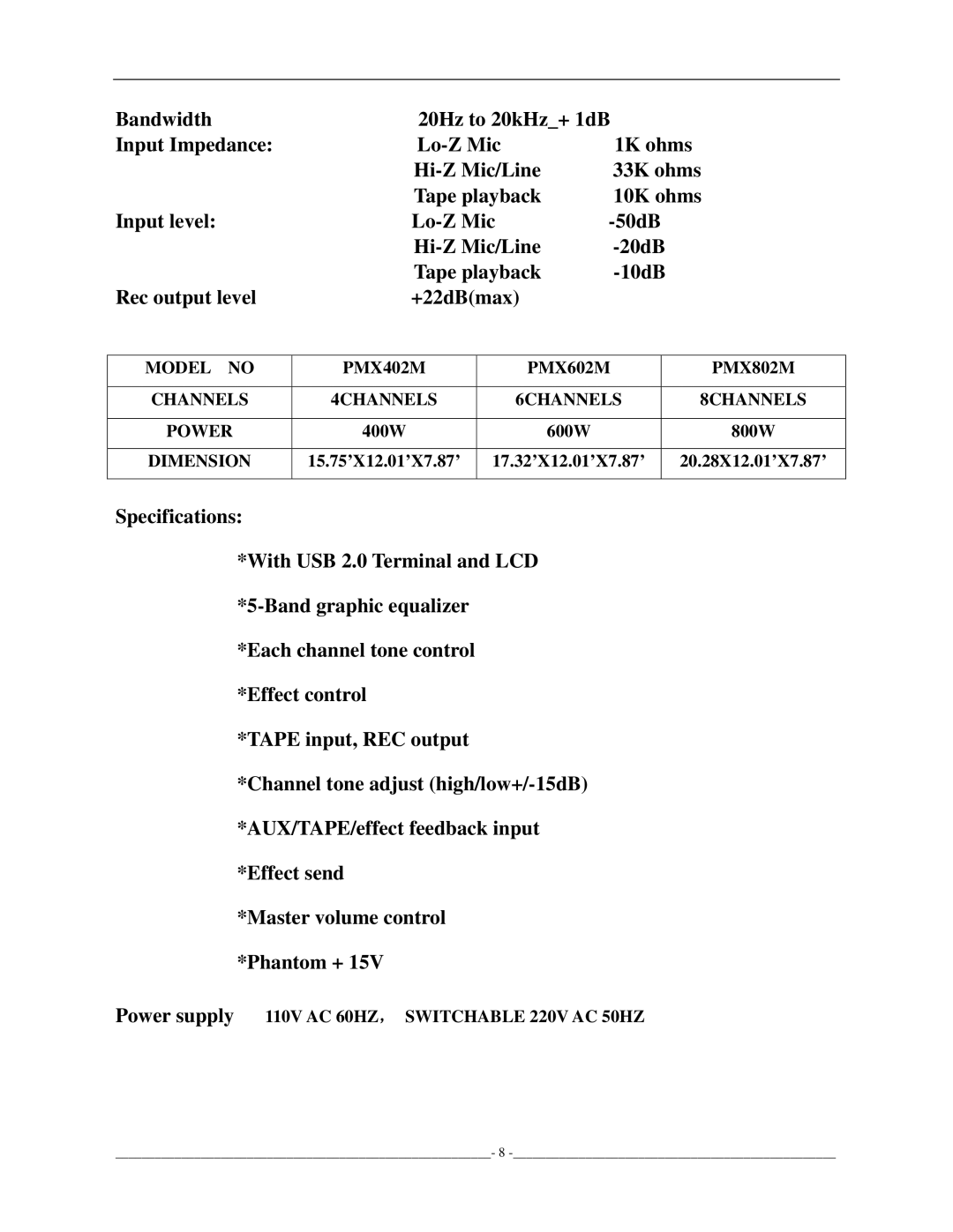 PYLE Audio PMX402M, PMX802M, PMX602M owner manual Model no, Channels, 6CHANNELS 8CHANNELS Power 