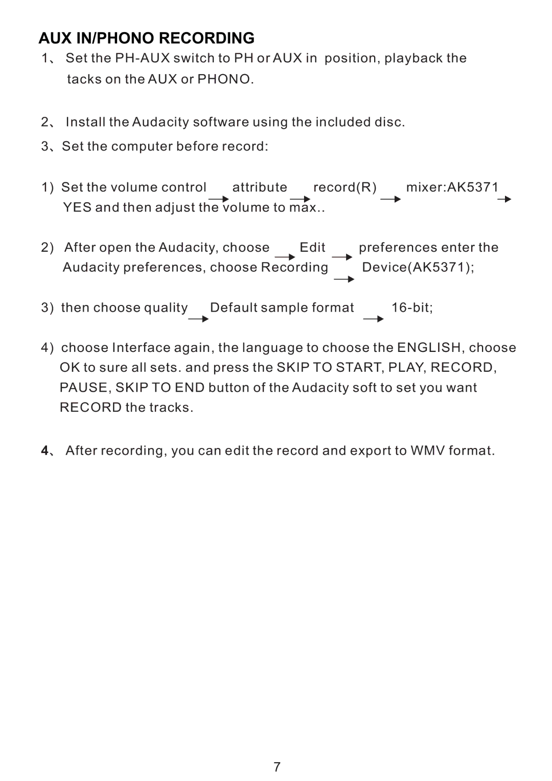 PYLE Audio PNGTT1 manual AUX IN/PHONO Recording 