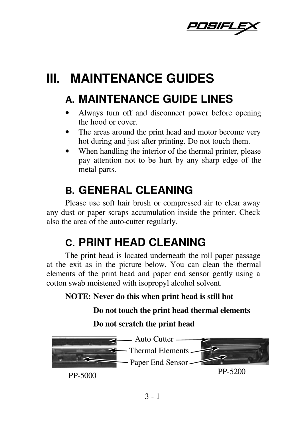 PYLE Audio PP-5200 warranty III. Maintenance Guides, Maintenance Guide Lines, General Cleaning, Print Head Cleaning 