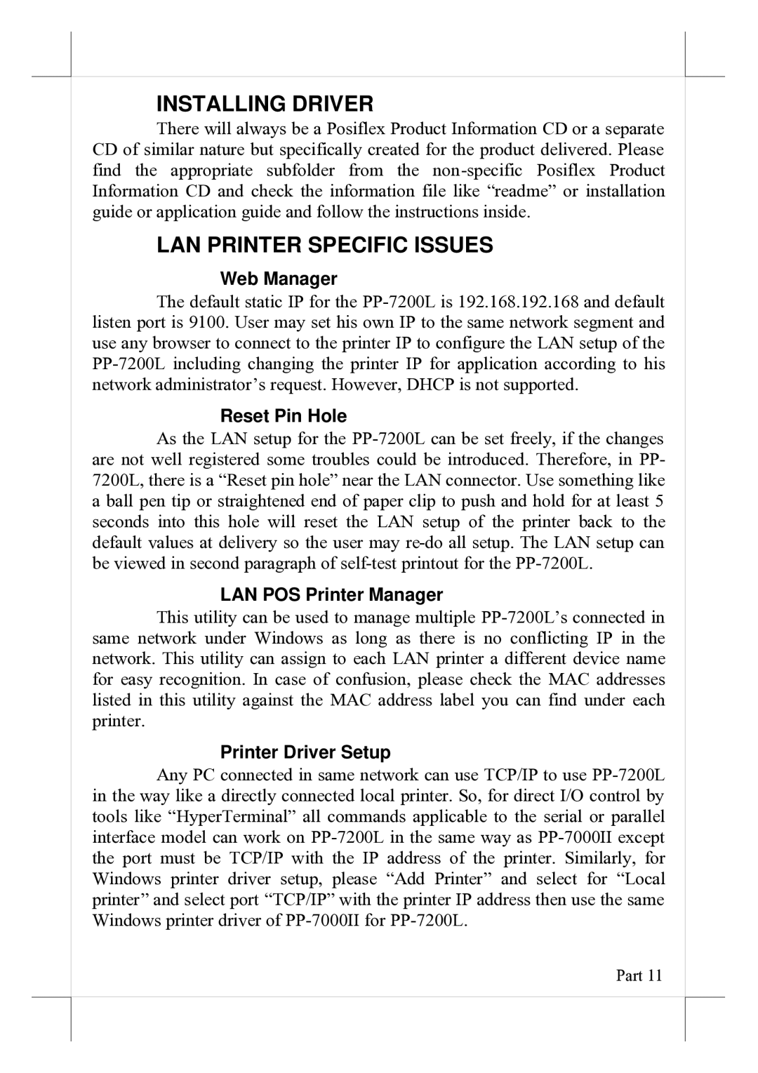 PYLE Audio PP-7200L manual Installing Driver, LAN Printer Specific Issues 