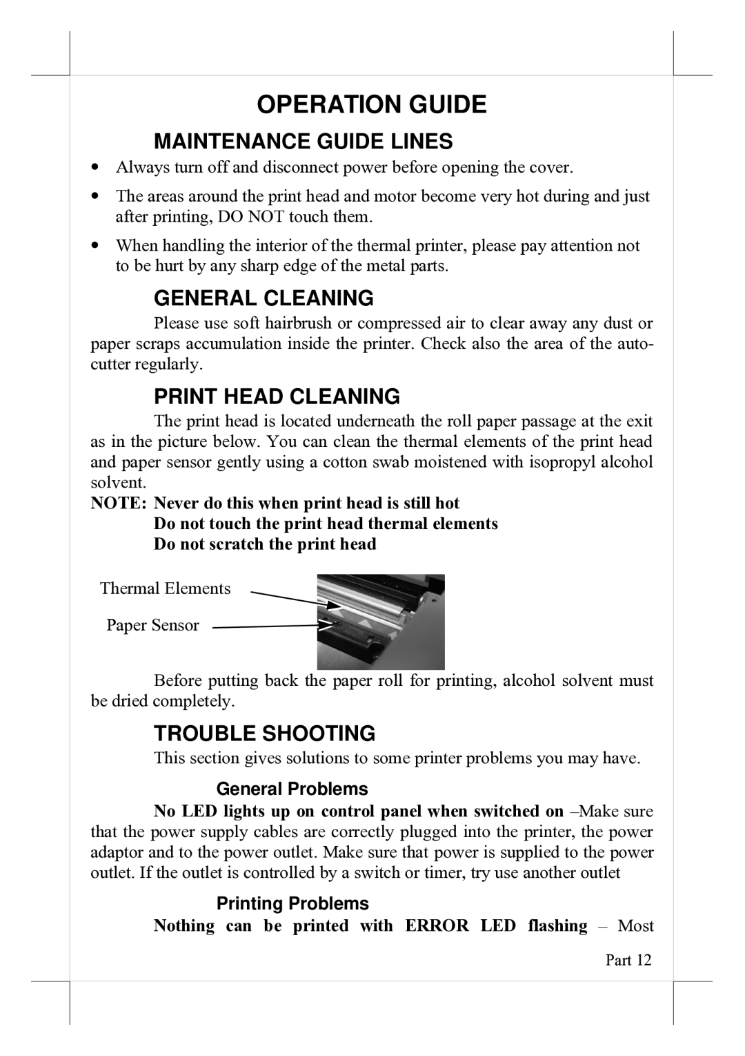 PYLE Audio PP-7200L Operation Guide, Maintenance Guide Lines, General Cleaning, Print Head Cleaning, Trouble Shooting 